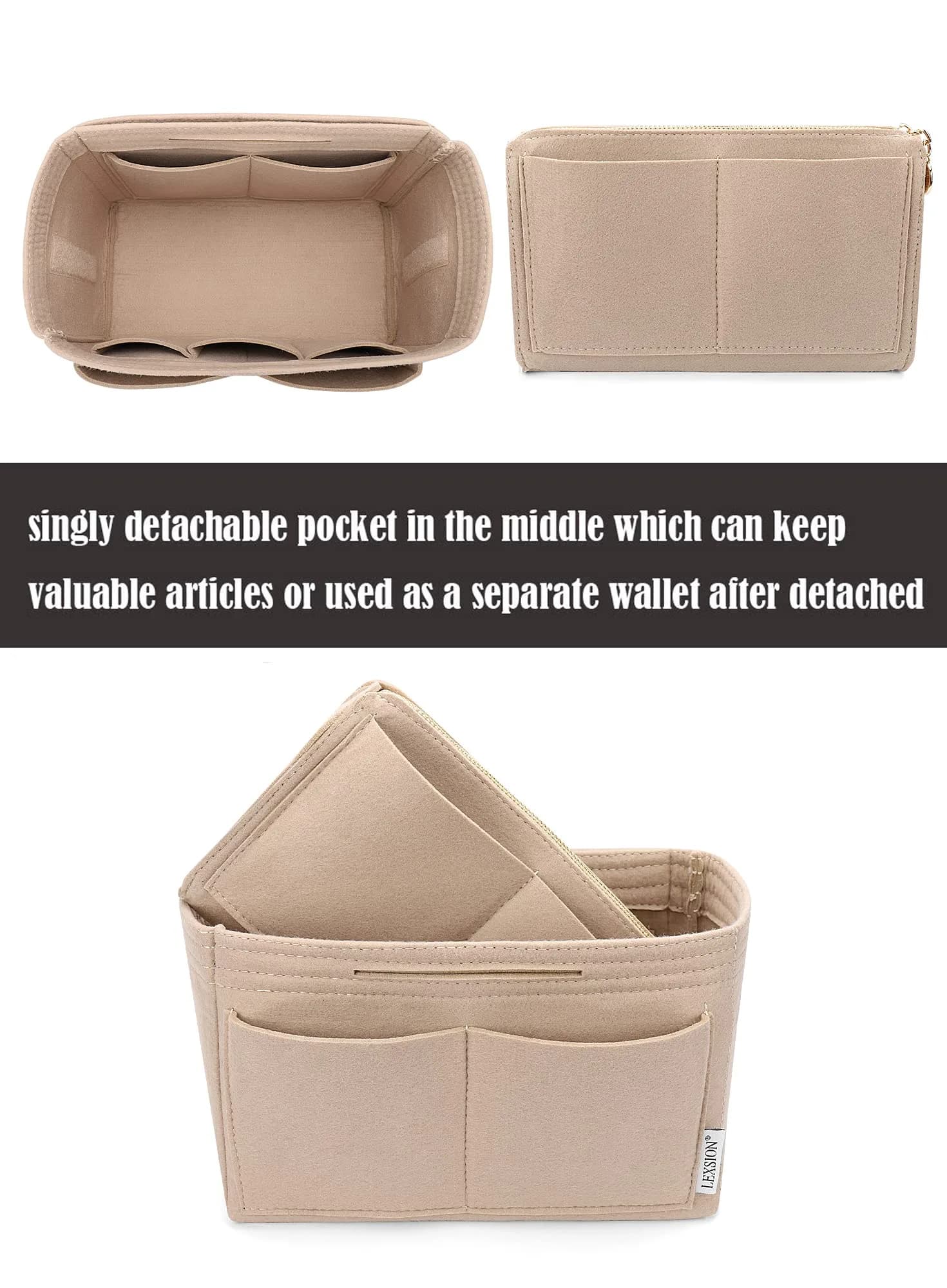 LEXSION Felt Purse Bag Organizer Insert with Zipper, Beige XL | Keeps Handbags Shipshape - view 2