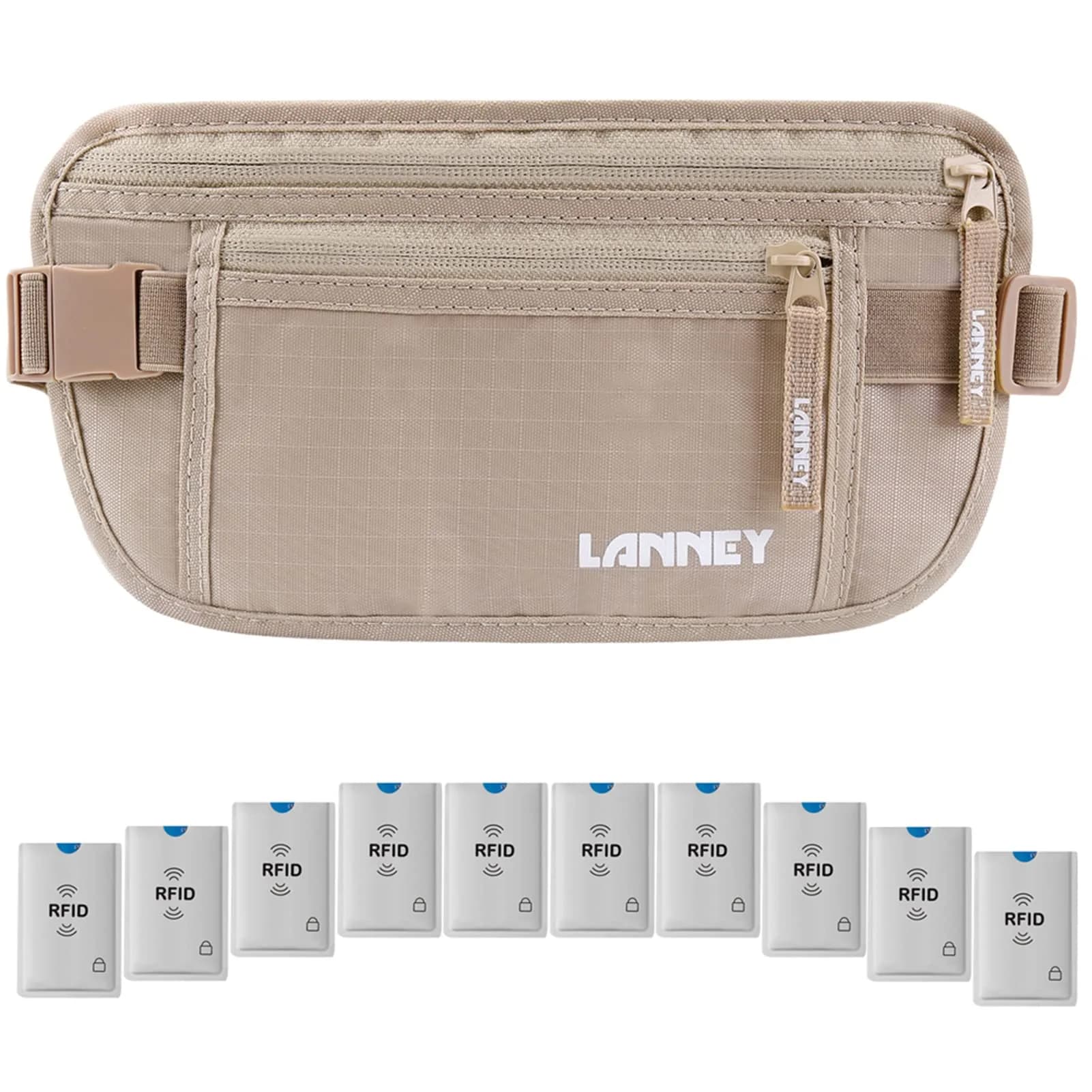 LANNEY Slim RFID Blocking Money Belt with 10 RFID Sleeves | Hidden Travel Pouch for Passport, Cash, Cards