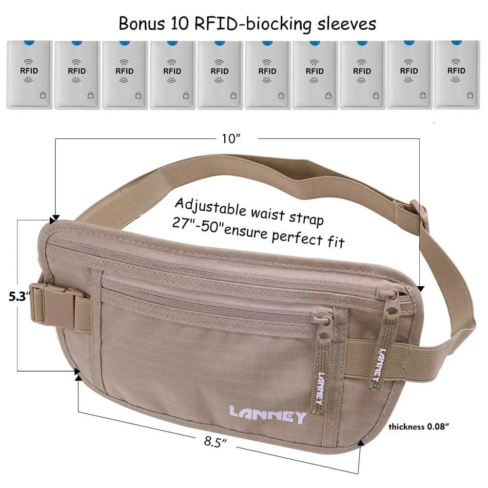 LANNEY Slim RFID Blocking Money Belt with 10 RFID Sleeves | Hidden Travel Pouch for Passport, Cash, Cards - view 6