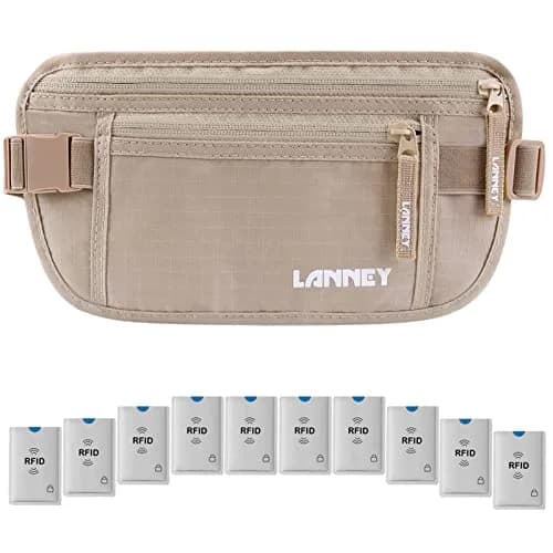 LANNEY Slim RFID Blocking Money Belt with 10 RFID Sleeves | Hidden Travel Pouch for Passport, Cash, Cards thumbnail 1