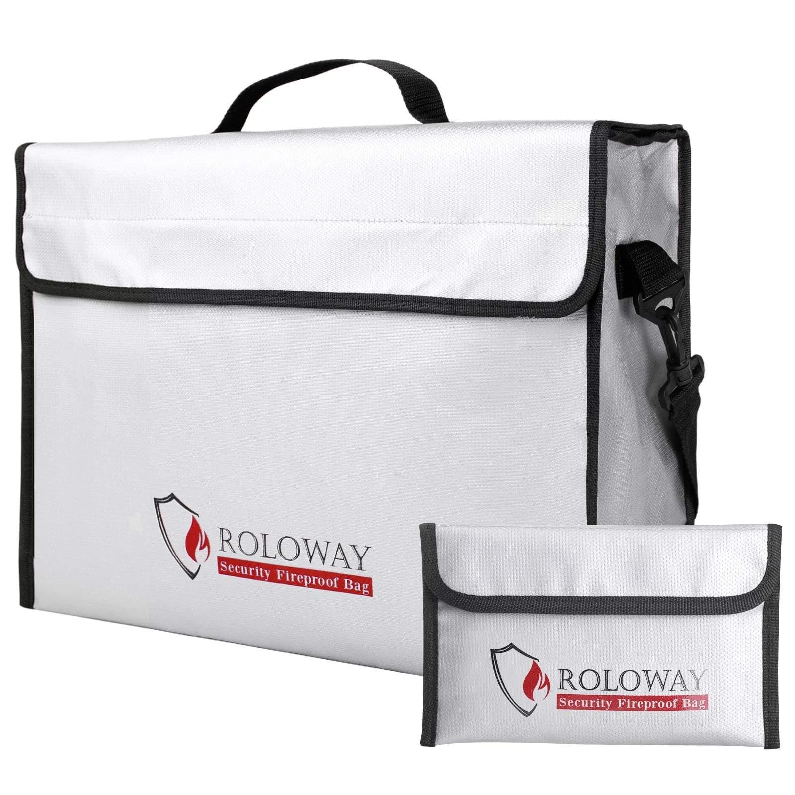 ROLOWAY Large Fireproof Document Bag 43cm (17 x 12 x 5.8 inches) | Water Resistant with Reflective Strip — Silver