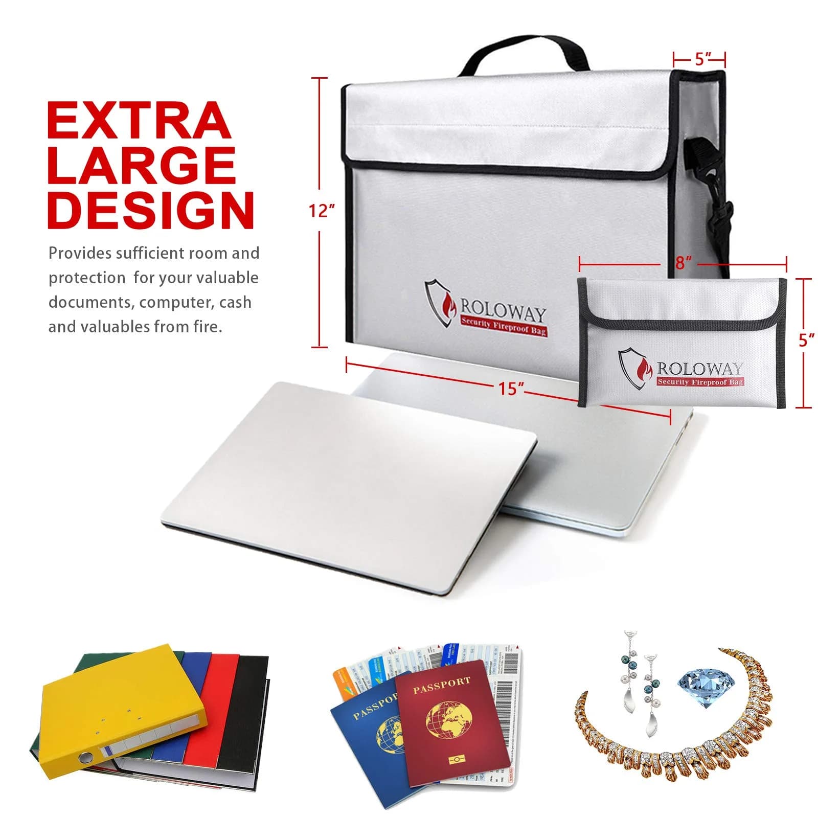 ROLOWAY Fireproof Document & Money Bag 38cm (15" x 12" x 5") | Water Resistant & Easy-Carry - view 2