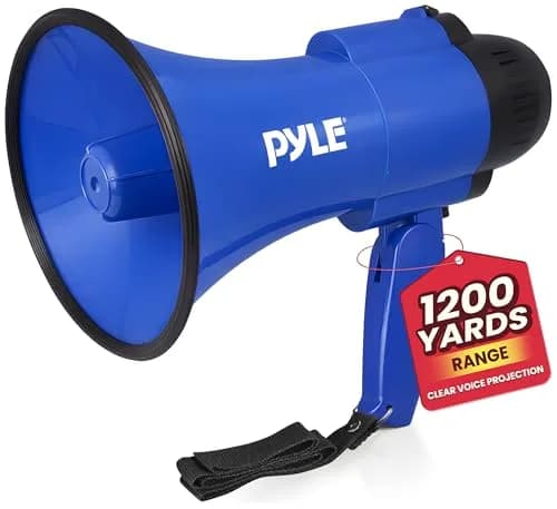 Pyle Compact Battery-Operated Megaphone with Siren - 30W Power, 1200 Yards Range, Foldable Handle (Blue) thumbnail 1