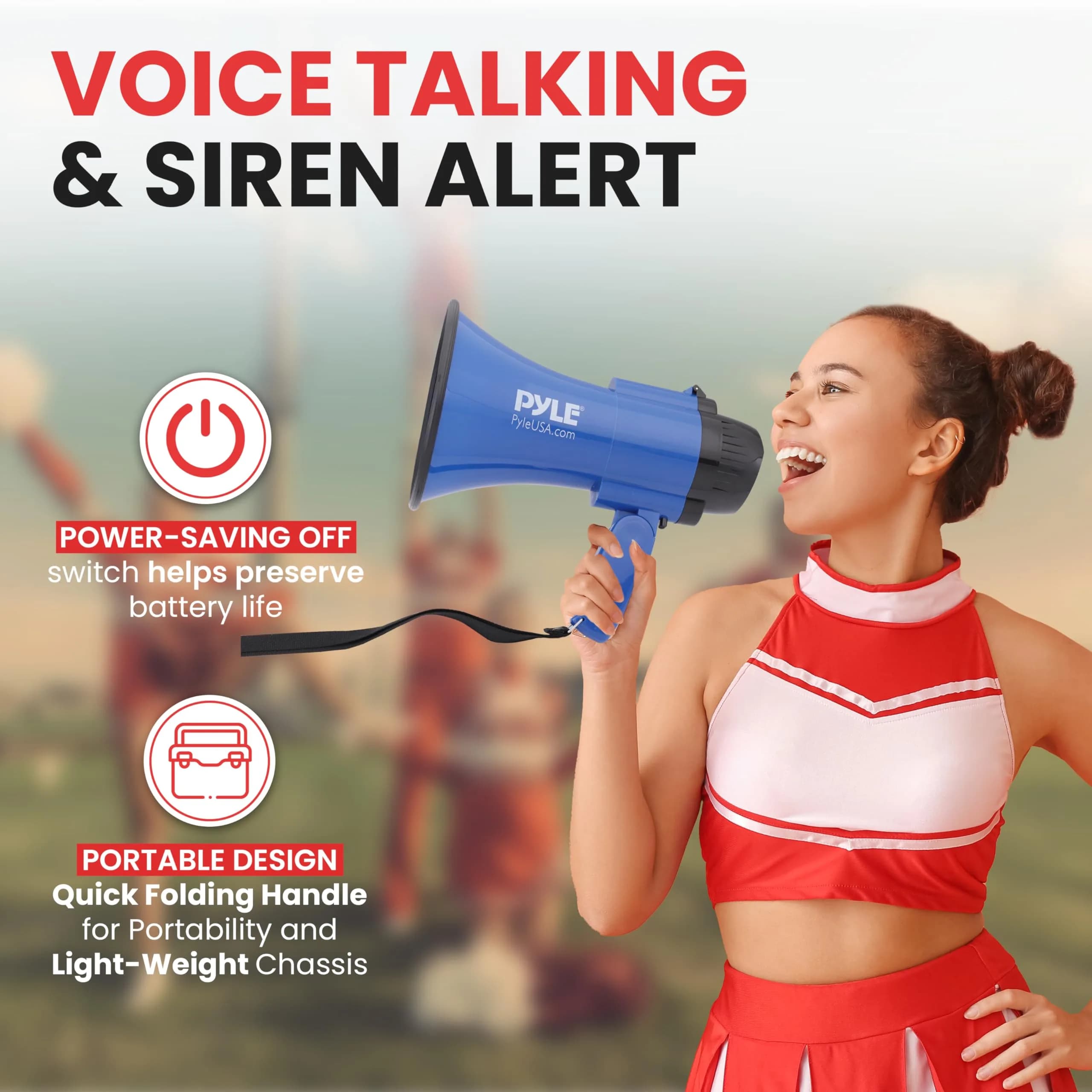 Pyle Compact Battery-Operated Megaphone with Siren - 30W Power, 1200 Yards Range, Foldable Handle (Blue) - view 2