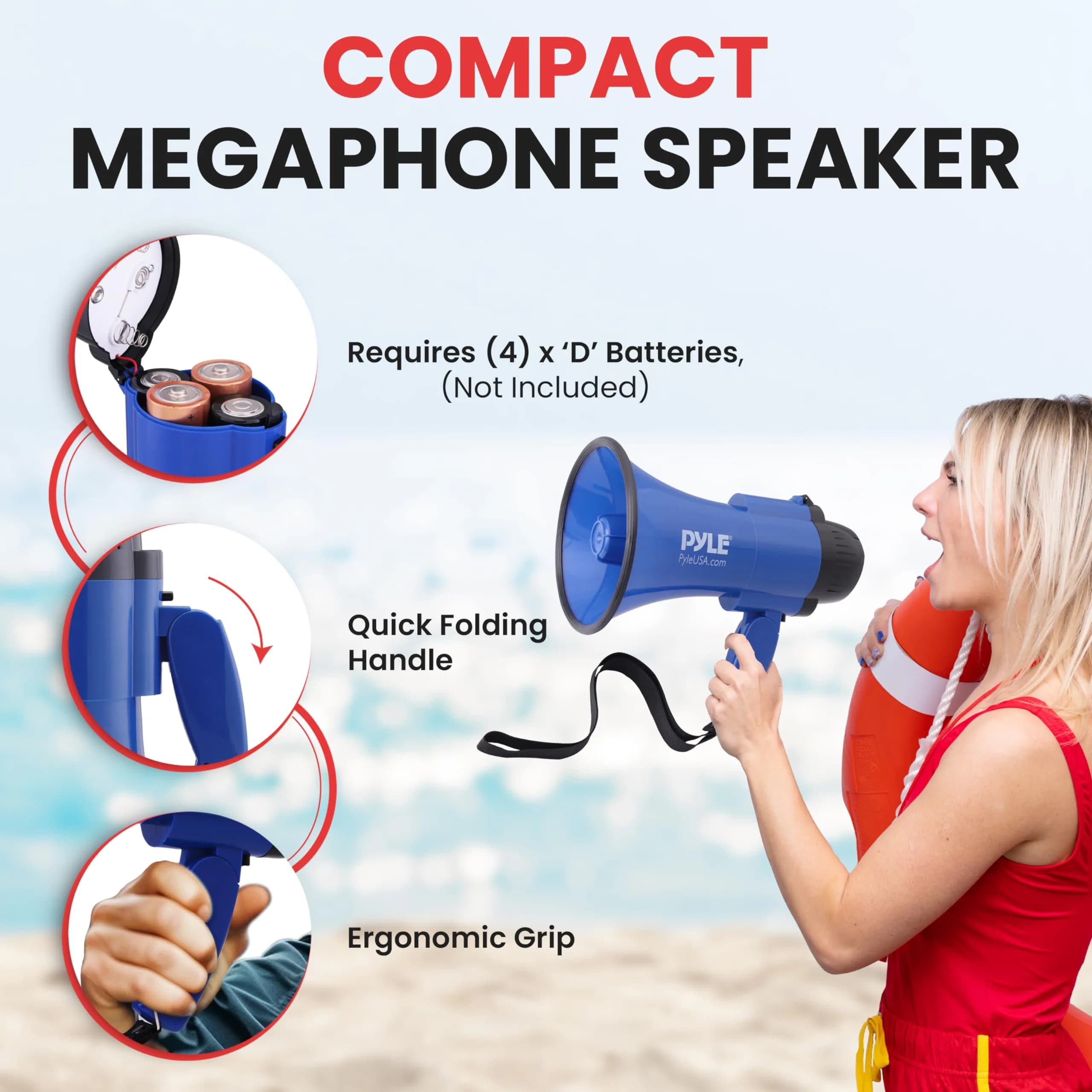 Pyle Compact Battery-Operated Megaphone with Siren - 30W Power, 1200 Yards Range, Foldable Handle (Blue) - view 3