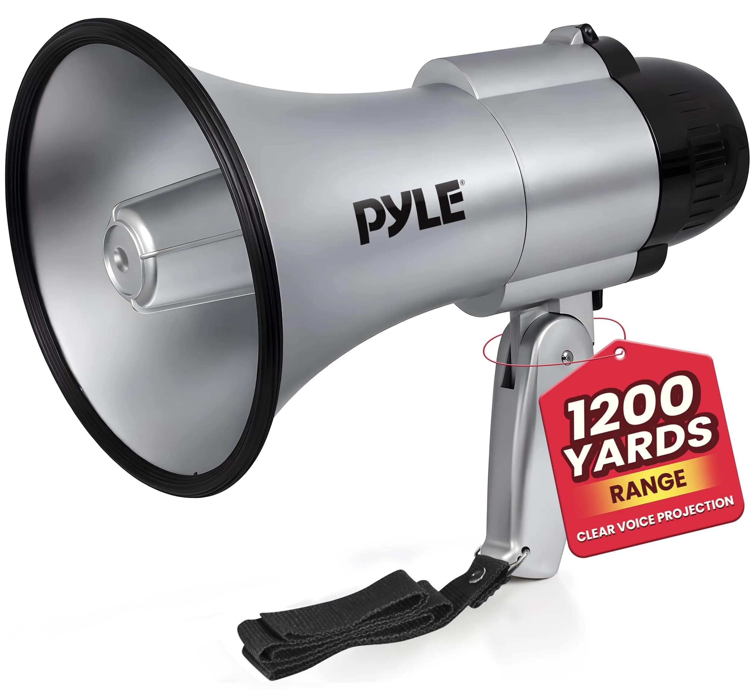 Pyle Compact Battery-Operated Megaphone with Siren - 30W Power, 1200 Yards Range, Foldable Handle (Blue) — Silver