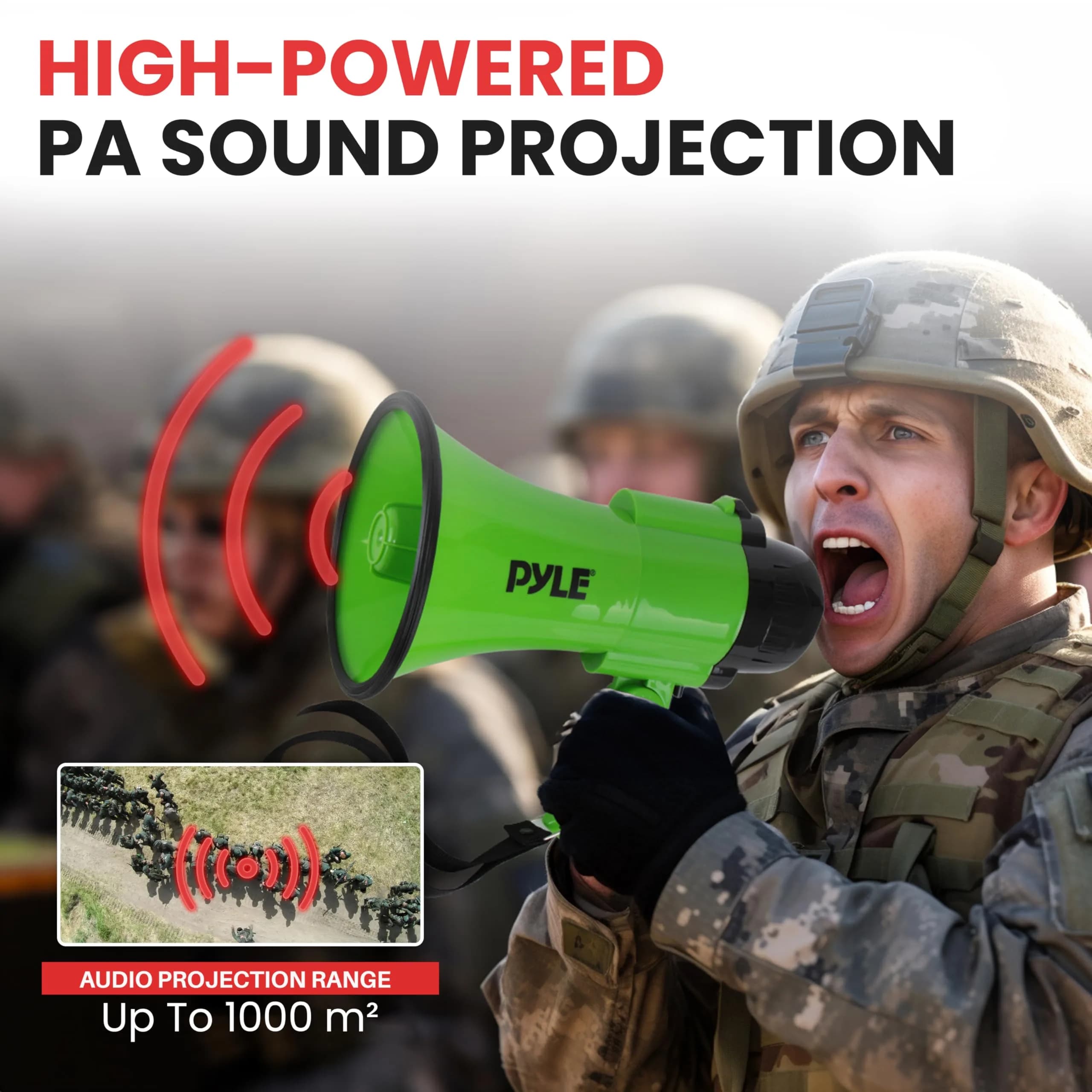Pyle Compact Battery-Operated Megaphone with Siren - 30W Power, 25cm (10") | Green Bullhorn for Cheerleading & Police Use - view 5