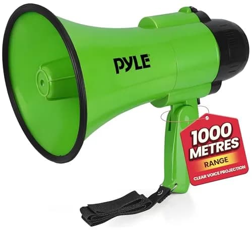 Pyle Compact Battery-Operated Megaphone with Siren - 30W Power, 25cm (10") | Green Bullhorn for Cheerleading & Police Use thumbnail 1