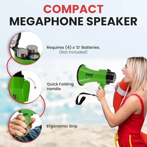 Pyle Compact Battery-Operated Megaphone with Siren - 30W Power, 25cm (10") | Green Bullhorn for Cheerleading & Police Use thumbnail 3