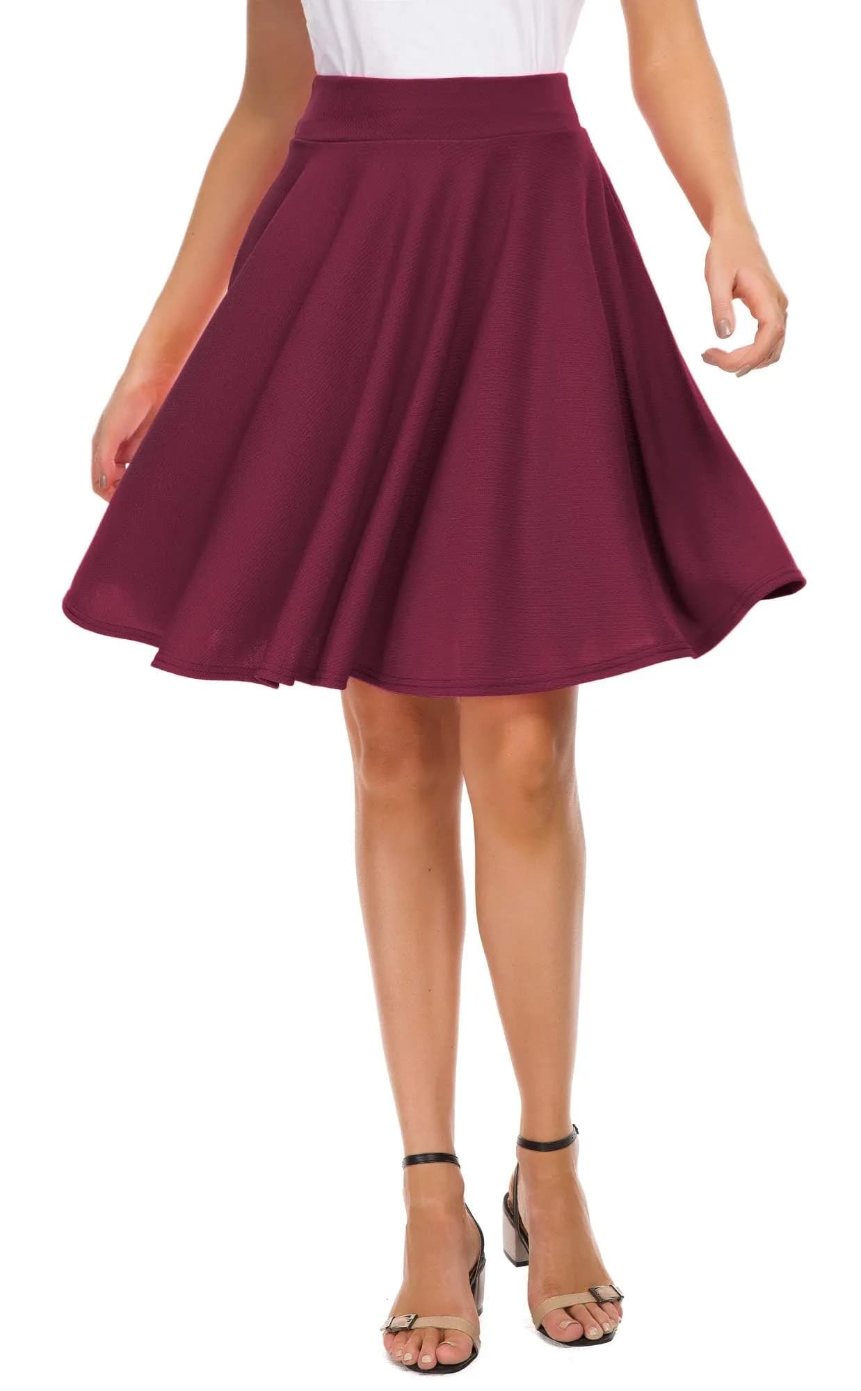 EXCHIC Women's Casual Flared High Waist Skater Skirt XL | A-Line Pleated Midi — Wine Red / Large
