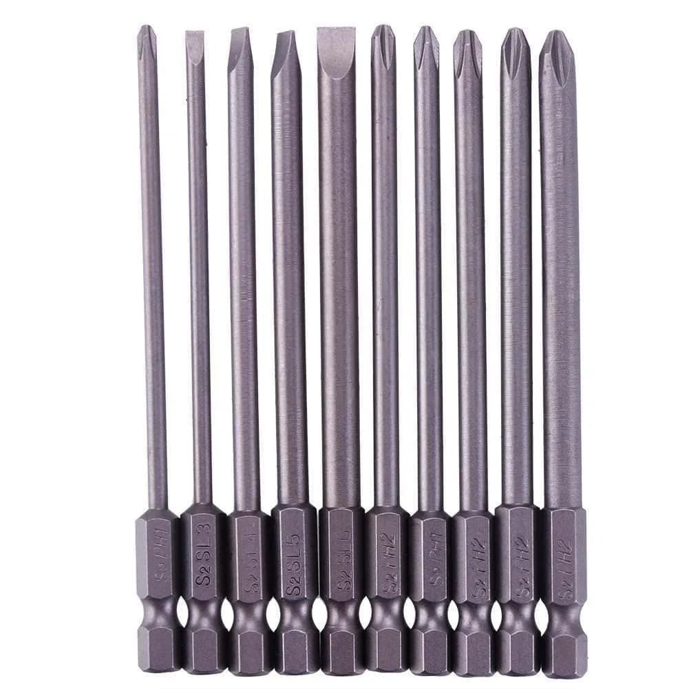 Rocaris 100mm (3.93") Long Magnetic Screwdriver Bits Set | S2 Steel, 1/4" Hex Shank, 10-Piece