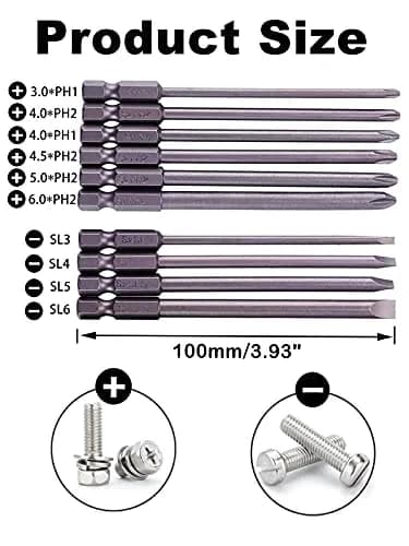Rocaris 100mm (3.93") Long Magnetic Screwdriver Bits Set | S2 Steel, 1/4" Hex Shank, 10-Piece thumbnail 2