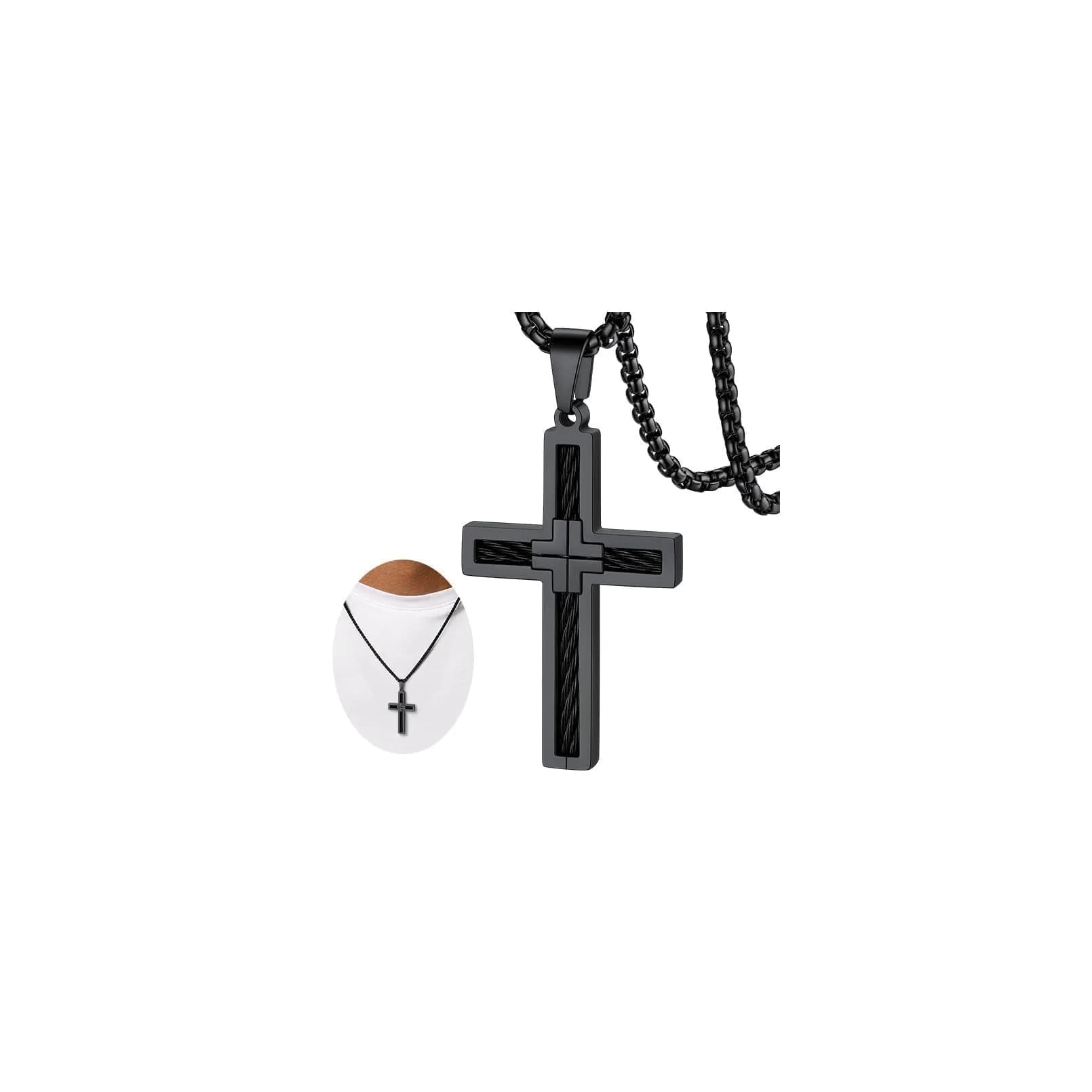 FaithHeart Cross Necklace for Men, Stainless Steel Pendant with Box Chain | Faith & Strength (70-120 chars) — Twist Cross-Black