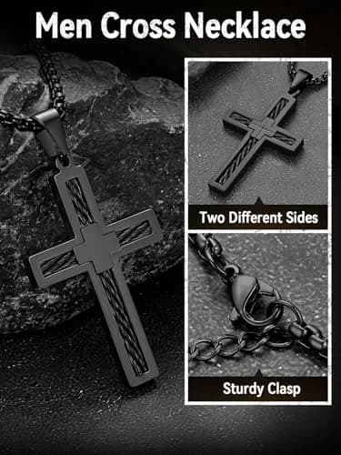 FaithHeart Cross Necklace for Men, Stainless Steel Pendant with Box Chain | Faith & Strength (70-120 chars) thumbnail 5