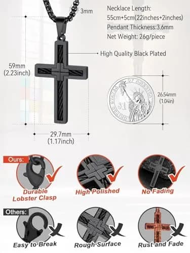 FaithHeart Cross Necklace for Men, Stainless Steel Pendant with Box Chain | Faith & Strength (70-120 chars) thumbnail 8