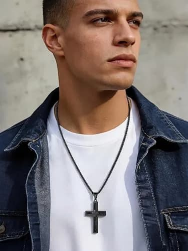 FaithHeart Cross Necklace for Men, Stainless Steel Pendant with Box Chain | Faith & Strength (70-120 chars) thumbnail 2