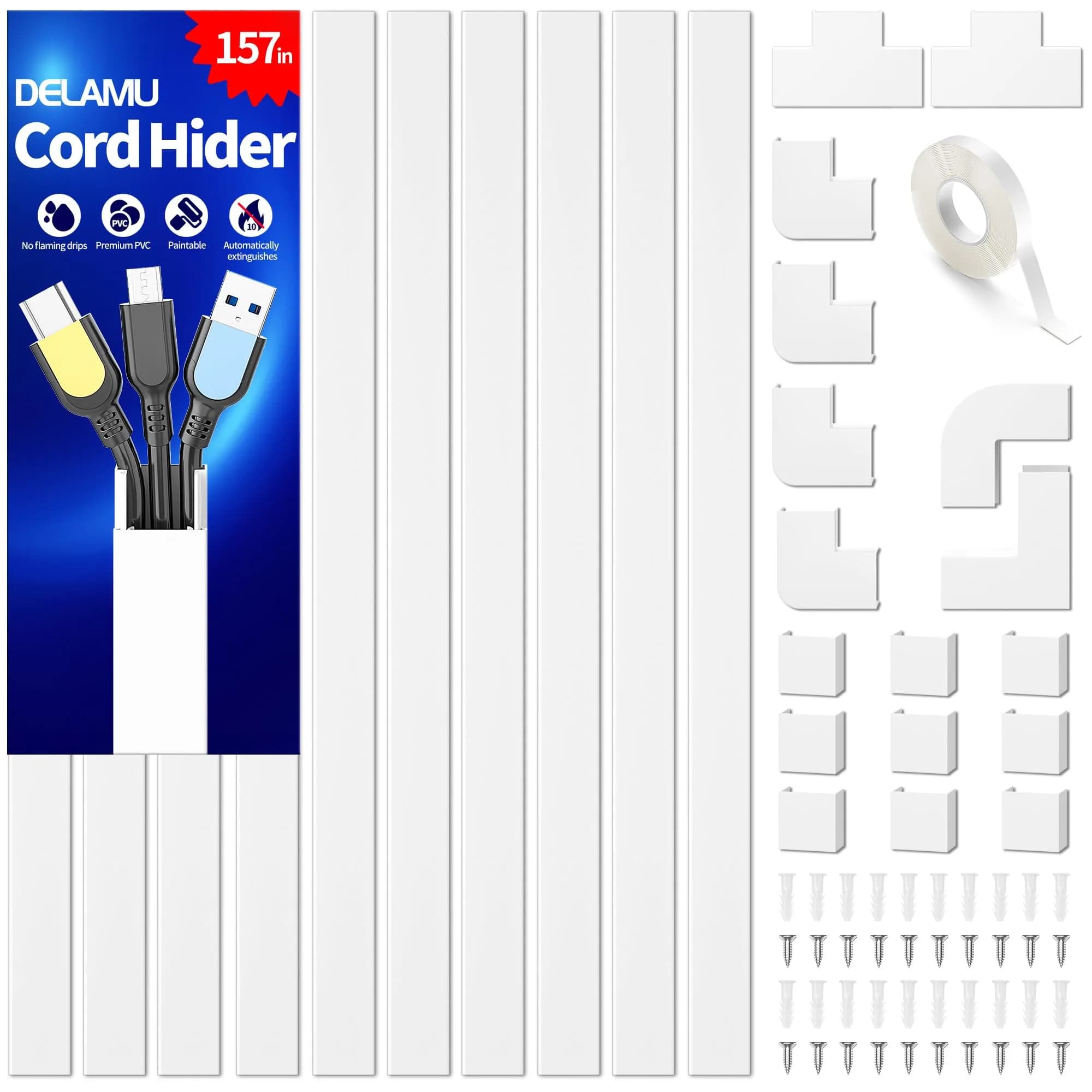 Delamu Cord Hider, 157in Wall Wire Cover for Cords, Cable Raceway Kit, White