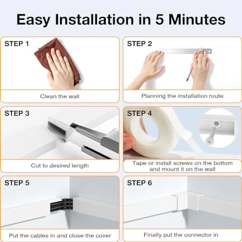 Delamu Cord Hider, 157in Wall Wire Cover for Cords, Cable Raceway Kit, White thumbnail 9