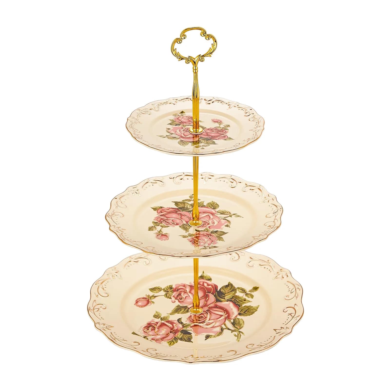 YOLIFE 3 Tiered CupCake Stand, 6-8-10 inch Pink Rose Pattern | Elegant Ceramic Dessert Display — Rose