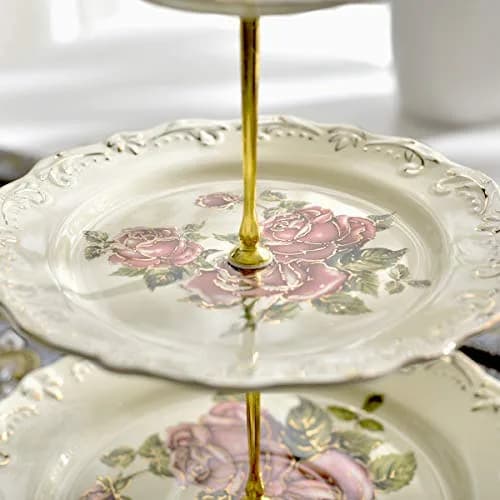 YOLIFE 3 Tiered CupCake Stand, 6-8-10 inch Pink Rose Pattern | Elegant Ceramic Dessert Display thumbnail 4
