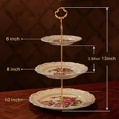 YOLIFE 3 Tiered CupCake Stand, 6-8-10 inch Pink Rose Pattern | Elegant Ceramic Dessert Display thumbnail 7