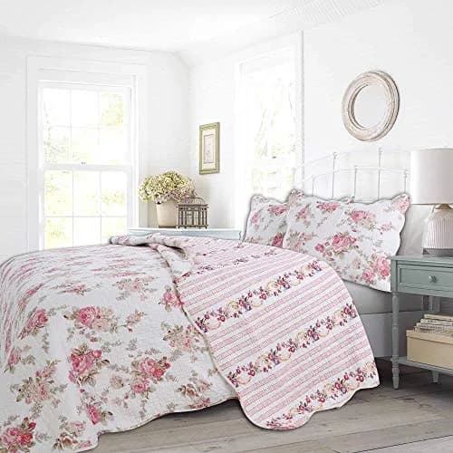 Cozy Line Home Fashions Romantic Pink Peony Floral 100% Cotton Reversible Quilt Bedding Set, Coverlet, Bedspread (Pink Peony, Queen - 3 Piece) thumbnail 1