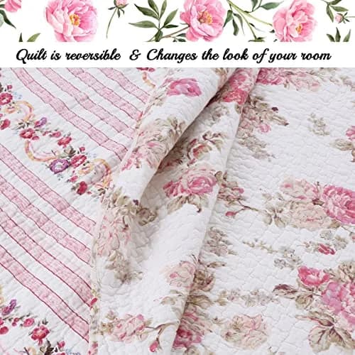 Cozy Line Home Fashions Romantic Pink Peony Floral 100% Cotton Reversible Quilt Bedding Set, Coverlet, Bedspread (Pink Peony, Queen - 3 Piece) thumbnail 4