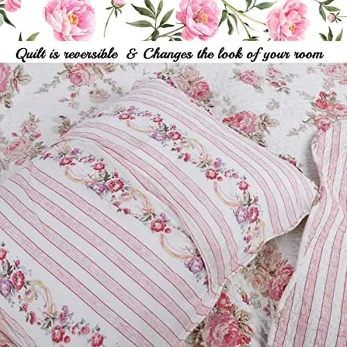 Cozy Line Home Fashions Romantic Pink Peony Floral 100% Cotton Reversible Quilt Bedding Set, Coverlet, Bedspread (Pink Peony, Queen - 3 Piece) thumbnail 5