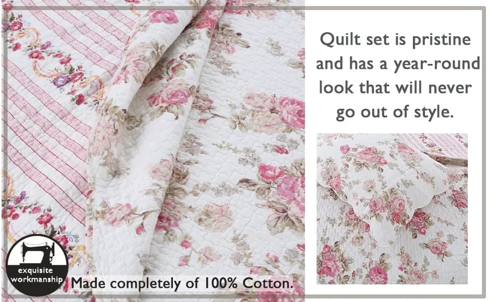 Cozy Line Home Fashions Romantic Pink Peony Floral 100% Cotton Reversible Quilt Bedding Set, Coverlet, Bedspread (Pink Peony, Queen - 3 Piece) thumbnail 6