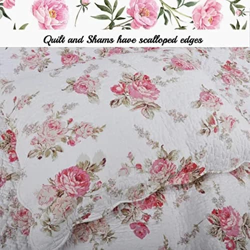 Cozy Line Home Fashions Romantic Pink Peony Floral 100% Cotton Reversible Quilt Bedding Set, Coverlet, Bedspread (Pink Peony, Queen - 3 Piece) thumbnail 2