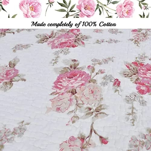 Cozy Line Home Fashions Romantic Pink Peony Floral 100% Cotton Reversible Quilt Bedding Set, Coverlet, Bedspread (Pink Peony, Queen - 3 Piece) thumbnail 3