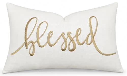 EURASIA DECOR Blessed Embroidered Lumbar Pillow Cover 12x20, Ivory | Faith Gift with Gold Embroidery thumbnail 1