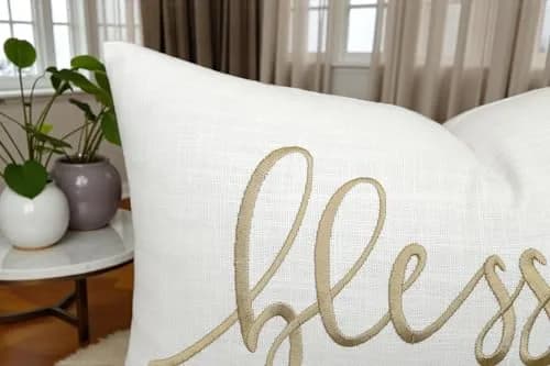 EURASIA DECOR Blessed Embroidered Lumbar Pillow Cover 12x20, Ivory | Faith Gift with Gold Embroidery thumbnail 4