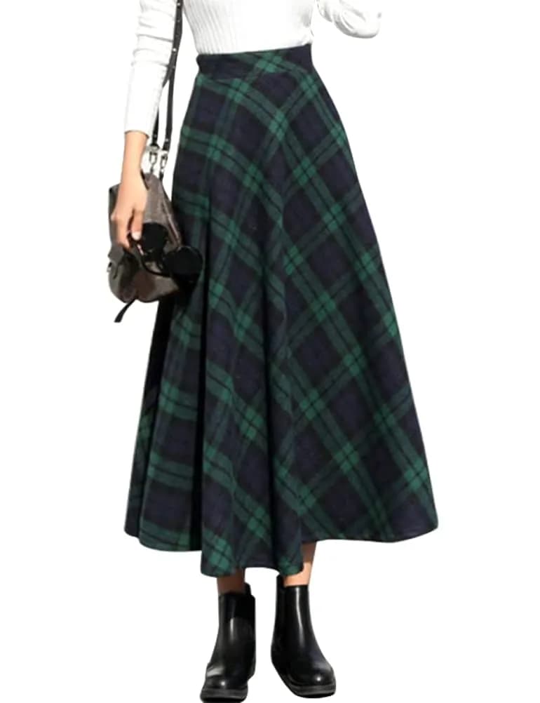 IDEALSANXUN Green Plaid Skirt Women Fall Winter High Waisted Long Maxi Skirts, Green XL | Wool & Polyester, Classic A-line