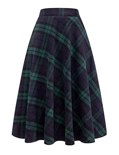 IDEALSANXUN Green Plaid Skirt Women Fall Winter High Waisted Long Maxi Skirts, Green XL | Wool & Polyester, Classic A-line thumbnail 6