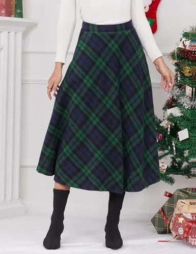 IDEALSANXUN Green Plaid Skirt Women Fall Winter High Waisted Long Maxi Skirts, Green XL | Wool & Polyester, Classic A-line thumbnail 2
