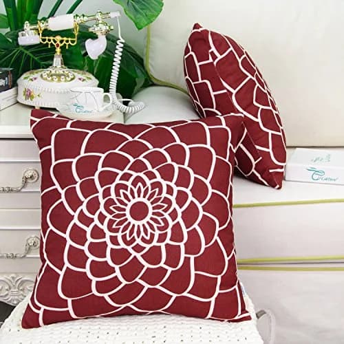 CaliTime Pack of 2 Decorative Pillow Covers 20 x 20 Inches | Dahlia Floral Outline, Dark Red thumbnail 4
