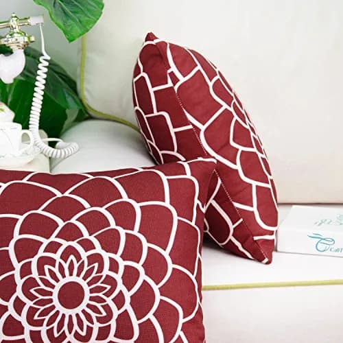 CaliTime Pack of 2 Decorative Pillow Covers 20 x 20 Inches | Dahlia Floral Outline, Dark Red thumbnail 5