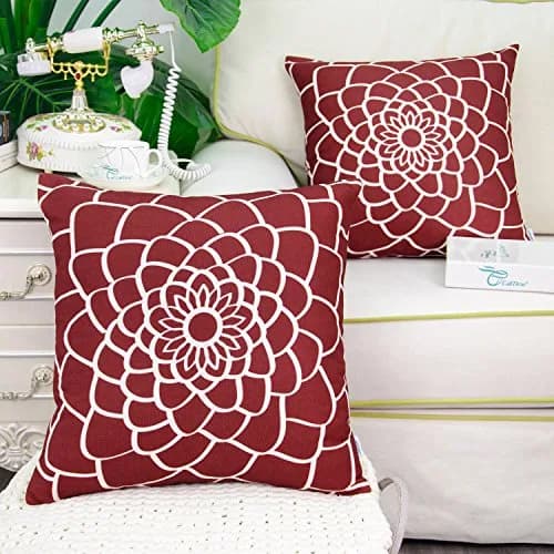 CaliTime Pack of 2 Decorative Pillow Covers 20 x 20 Inches | Dahlia Floral Outline, Dark Red thumbnail 2