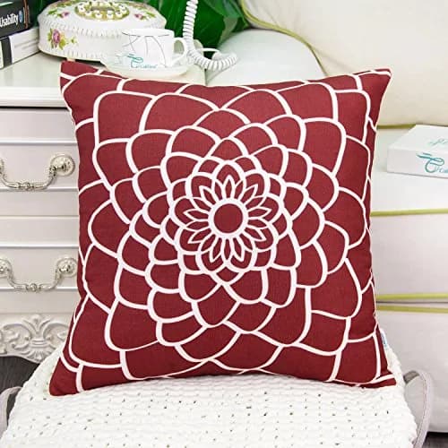 CaliTime Pack of 2 Decorative Pillow Covers 20 x 20 Inches | Dahlia Floral Outline, Dark Red thumbnail 3
