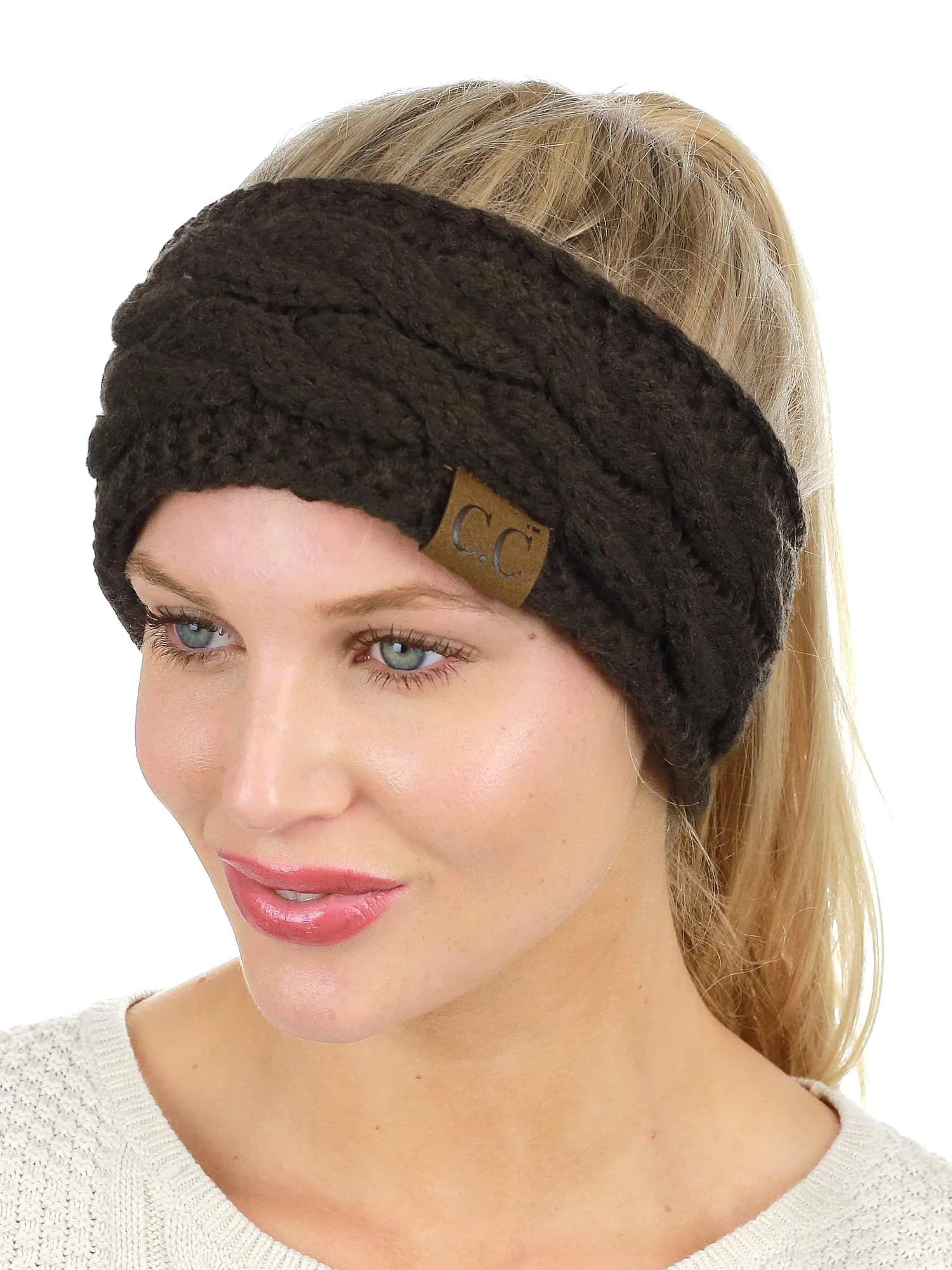 C.C Soft Stretch Winter Warm Cable Knit Fuzzy Lined Ear Warmer Headband, Brown | No Closure, Acrylic, Adult — Brown