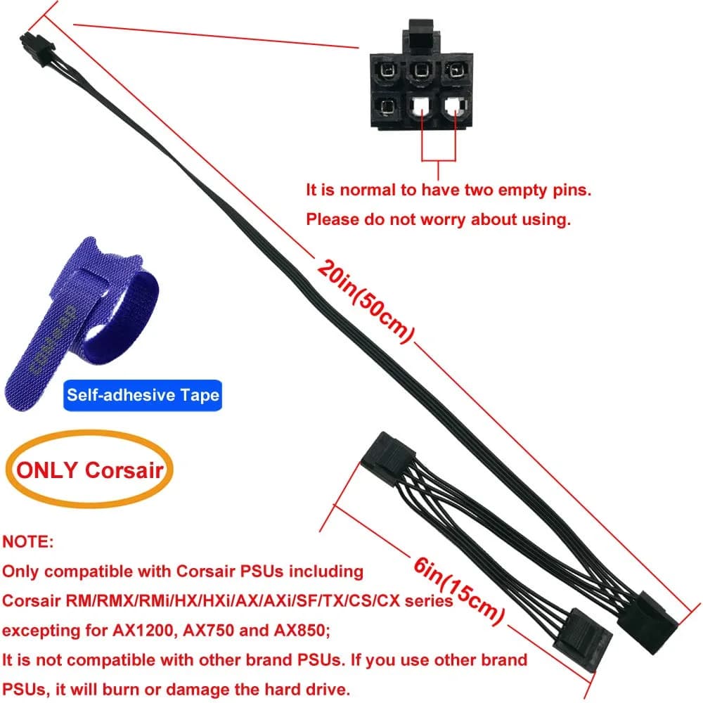 COMeap 6 Pin to 3x Molex Female Power Cable 50cm (20in) | Connects Corsair PSUs to Risers & Drives - view 2