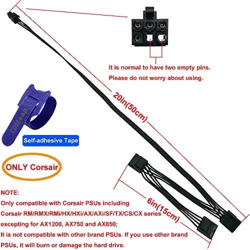 COMeap 6 Pin to 3x Molex Female Power Cable 50cm (20in) | Connects Corsair PSUs to Risers & Drives thumbnail 2
