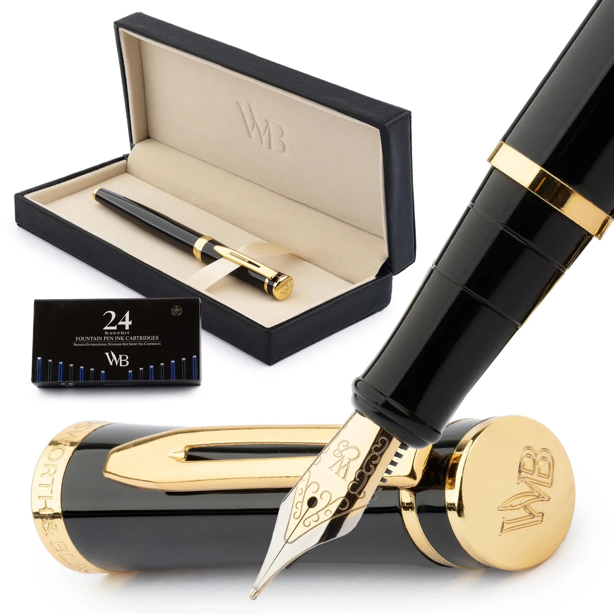 Wordsworth & Black Luxury Fountain Pen Set Medium Nib Black Chrome | German Iridium Nib, Brass Body, 24 Ink Cartridges, Leather Gift Box — Black Gold / Medium Nib