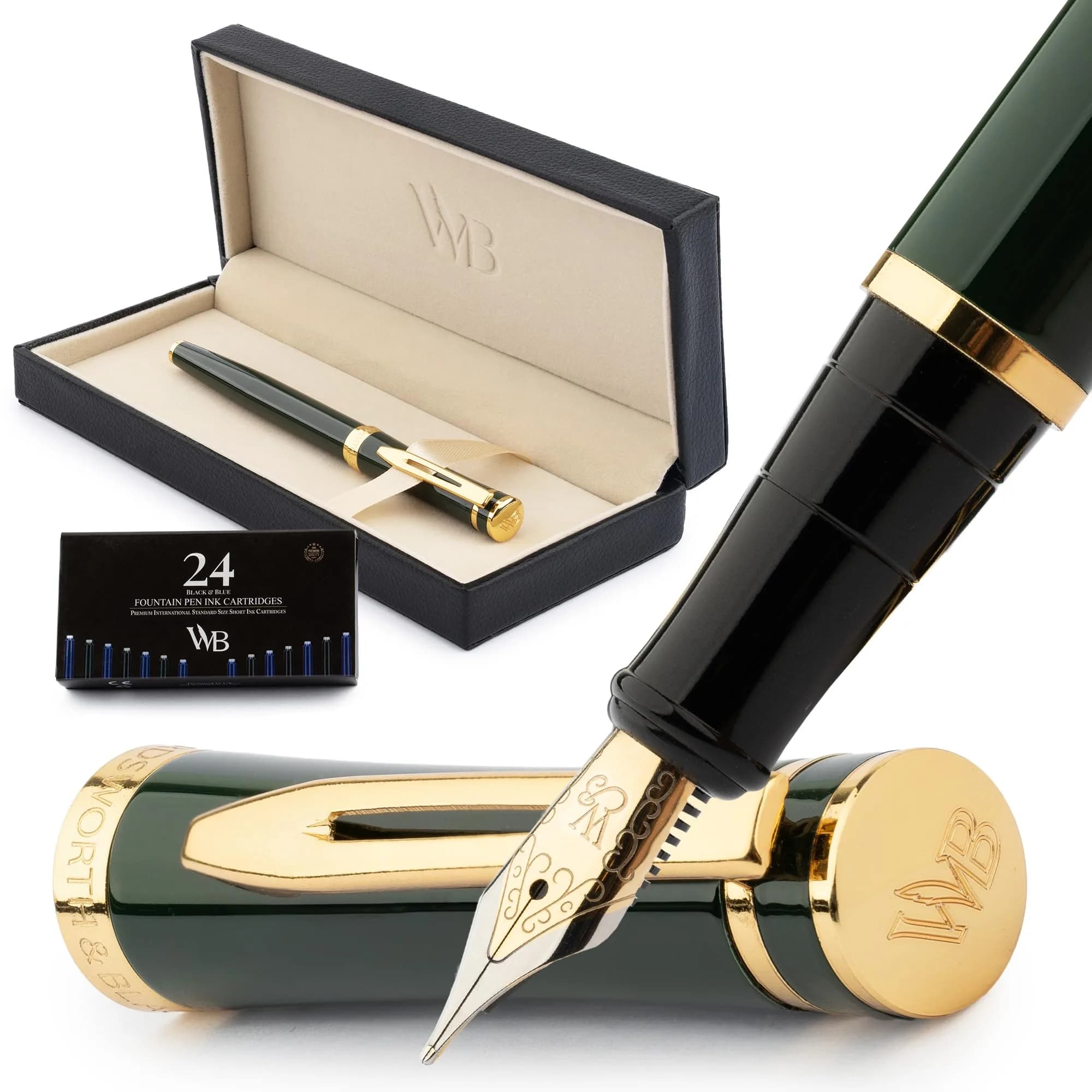 Wordsworth & Black Luxury Fountain Pen Set with Medium Nib, Green | Smooth Ink Flow for Calligraphy & Journaling — Racing Green