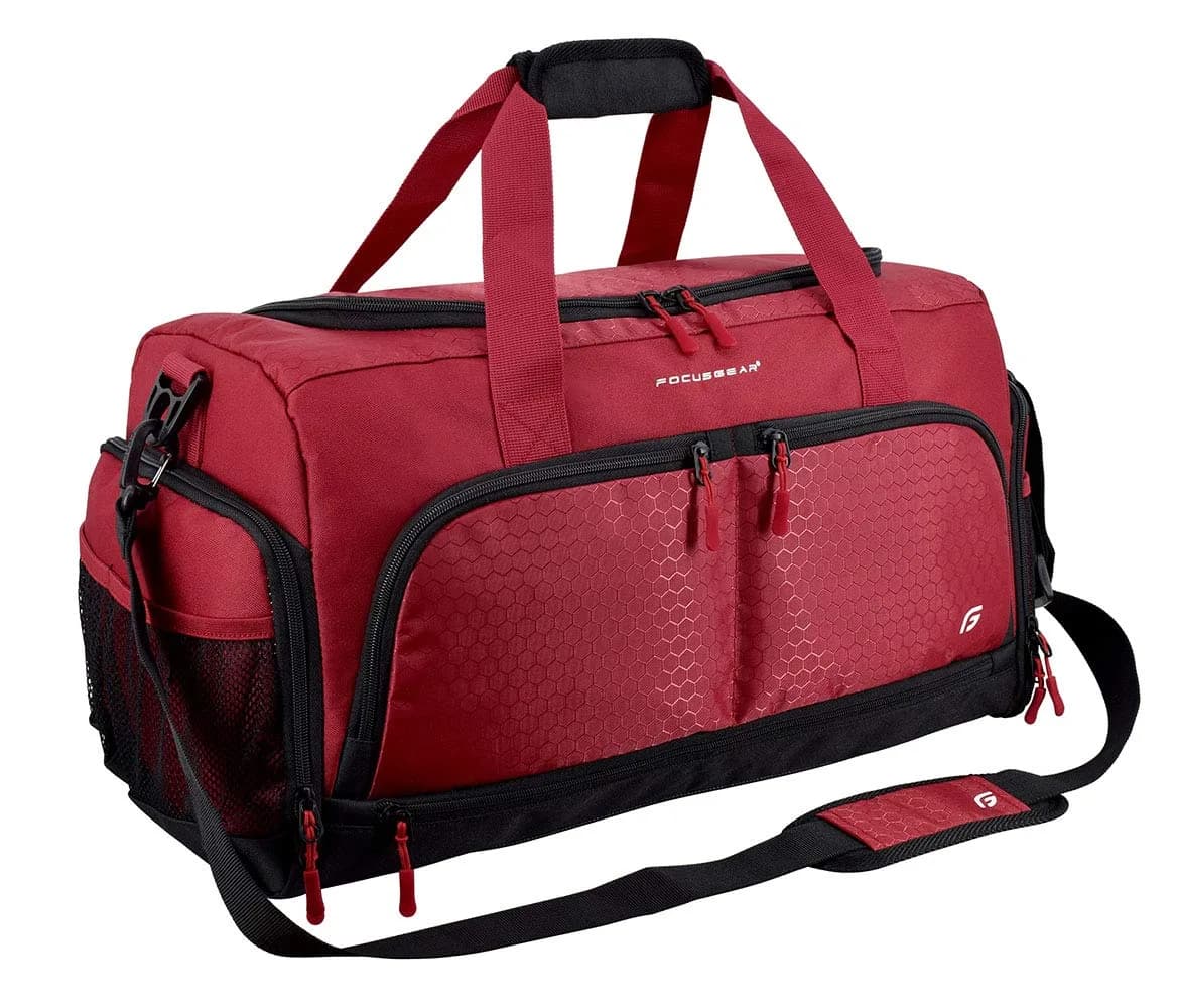 FocusGear Water Resistant Duffel Bag 20" | 10 Compartments, Travel & Gym Ready, Red