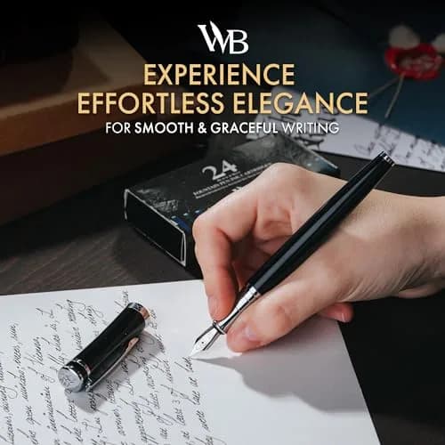 Wordsworth & Black Luxury Fountain Pen Set Medium Nib Black Chrome | German Iridium Nib, Brass Body, 24 Ink Cartridges, Leather Gift Box thumbnail 2