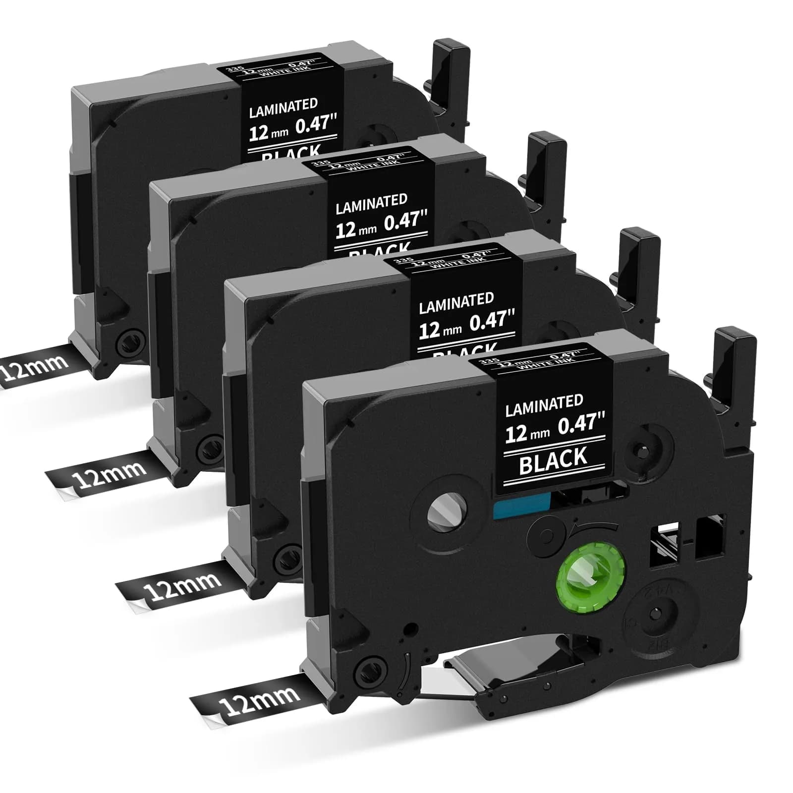 COLORWING White on Black TZe-335 Label Tape 12mm (0.47") x 8m | Compatible with Brother P-Touch Label Makers (4-Pack) — White on Black