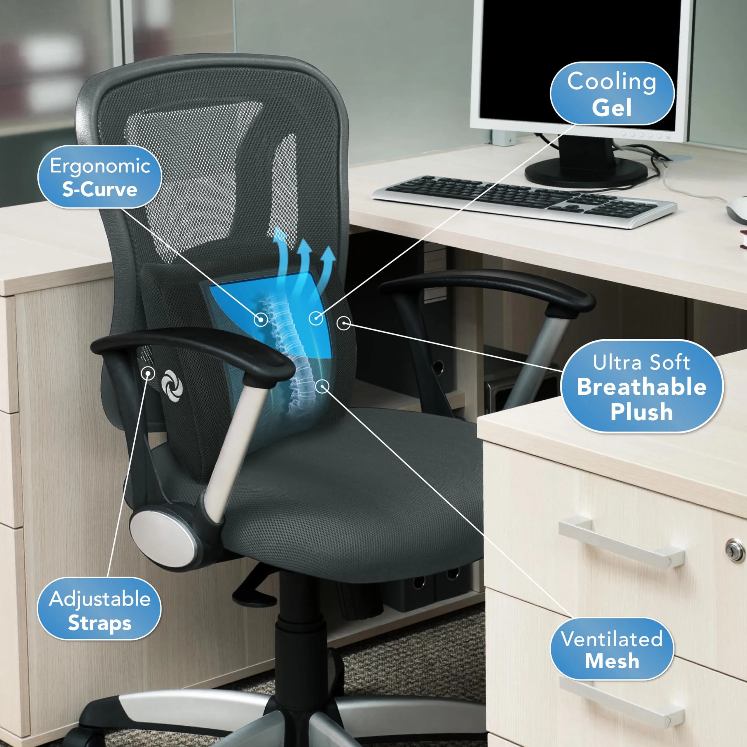Samsonite Cooling Memory Foam Lumbar Support Pillow with Adjustable Strap & Breathable Mesh Cover | Ergonomic Back Cushion for Office Chair, Car Seat, Gaming Chair (Black Mesh) - view 6