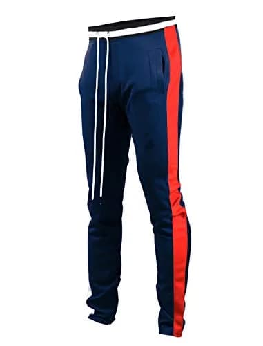SCREENSHOT Men's Slim Fit Workout Track Pants S41700-Blue/Red | Athletic Slim Fit, Mid Rise, Cuffed, 95% Poly/5% Spandex, Small thumbnail 1
